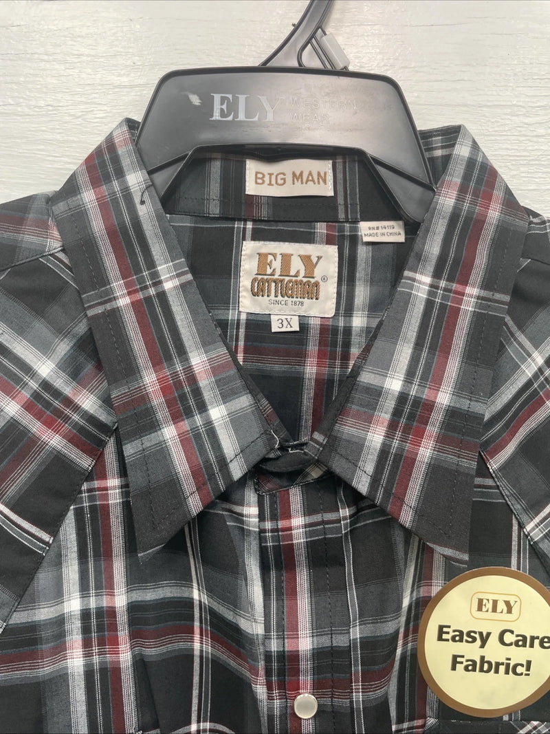 New Men’s ELY Cattleman Black Red Long Sleeve Pearl Snap 3XL E-33