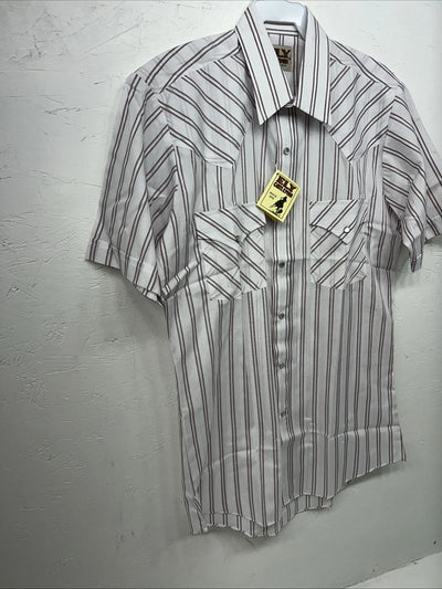 New Men’s Pink Stripped ELY Cattleman Short Sleeve Pearl Snap Shirt. 14.5 S P-69