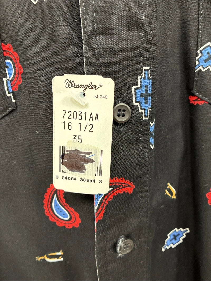 New Men’s Wrangler Black Designed Long Sleeve Button Up 16.5 Large Q-76