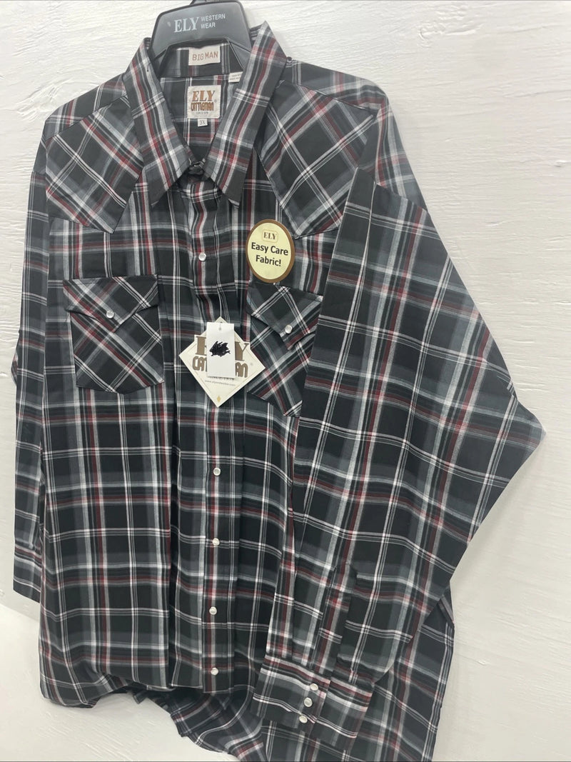 New Men’s ELY Cattleman Black Red Long Sleeve Pearl Snap 3XL E-33
