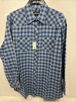 New Men’s White Horse Blue Plaid Long Sleeve Pearl Snap XL O-43