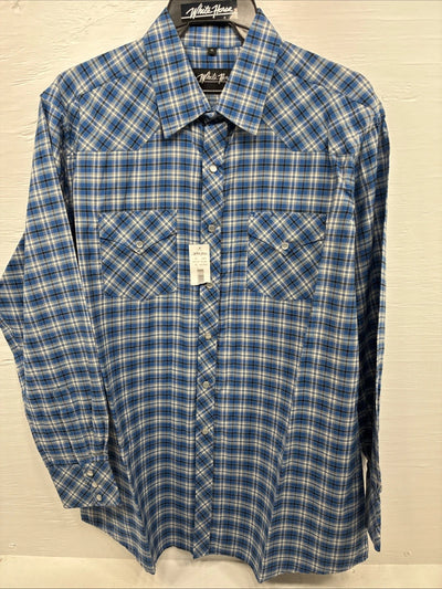 New Men’s White Horse Blue Plaid Long Sleeve Pearl Snap XL O-43