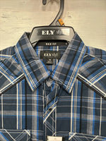 New Men’s ELY 1878 Blue Black Plaid Short Sleeve Pearl Snap Medium J-91