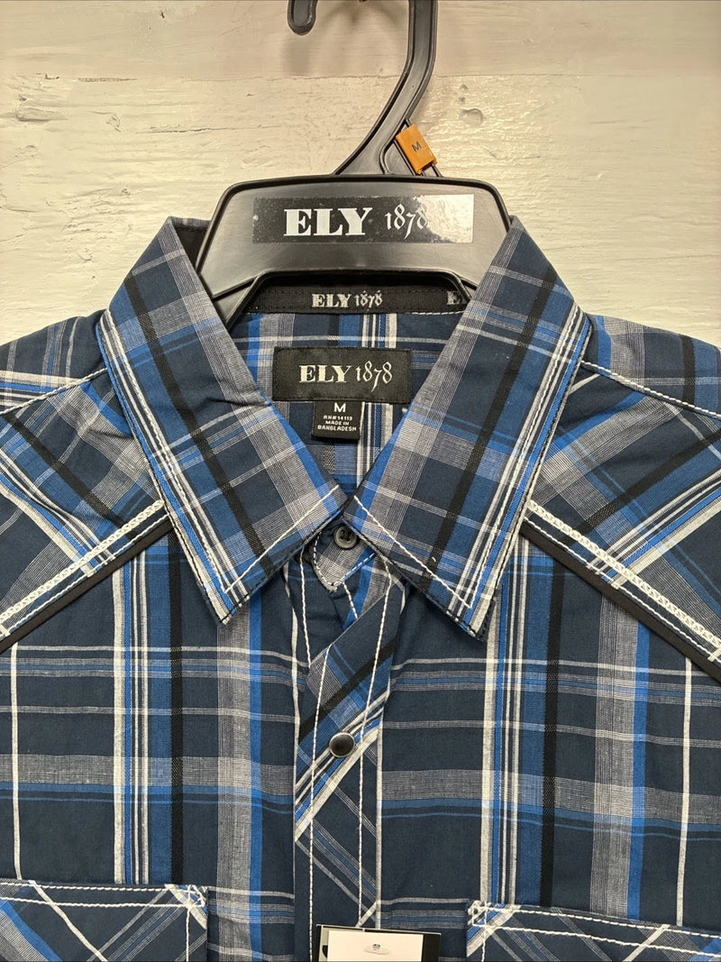 New Men’s ELY 1878 Blue Black Plaid Short Sleeve Pearl Snap Medium J-91