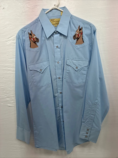 New Men’s ELY Wildlife Blue Horse Embroidered Long Sleeve Pearl Snap Medium K-57