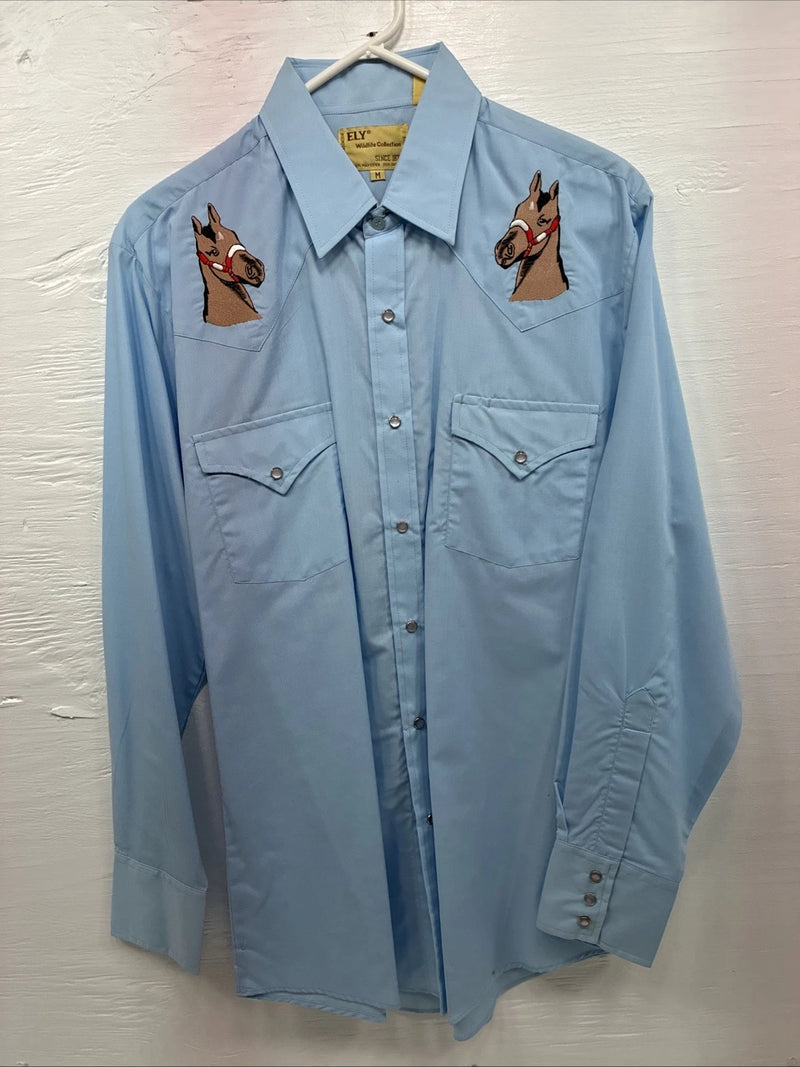New Men’s ELY Wildlife Blue Horse Embroidered Long Sleeve Pearl Snap Medium K-57
