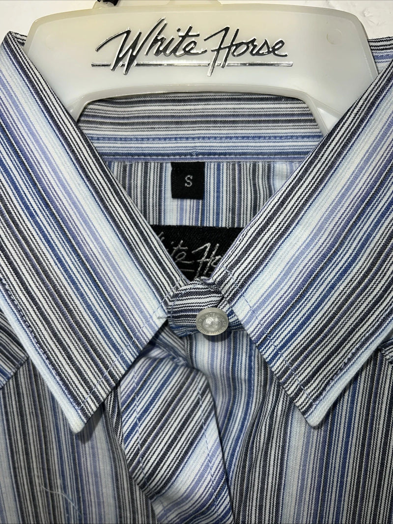 New Men’s White horse Blue Long Sleeve Pearl Snap Small A-193
