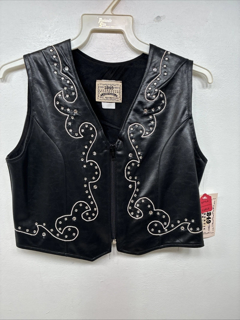 New Women’s 1848 RanchWear Black Rhinestone Sleeveless Vest Zip Up Large YY-43