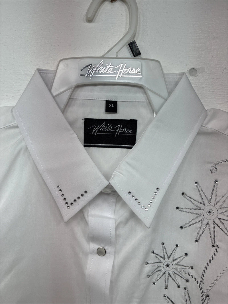 New Women’s White Horse White Gem Long Sleeve Pearl Snap XL II-29