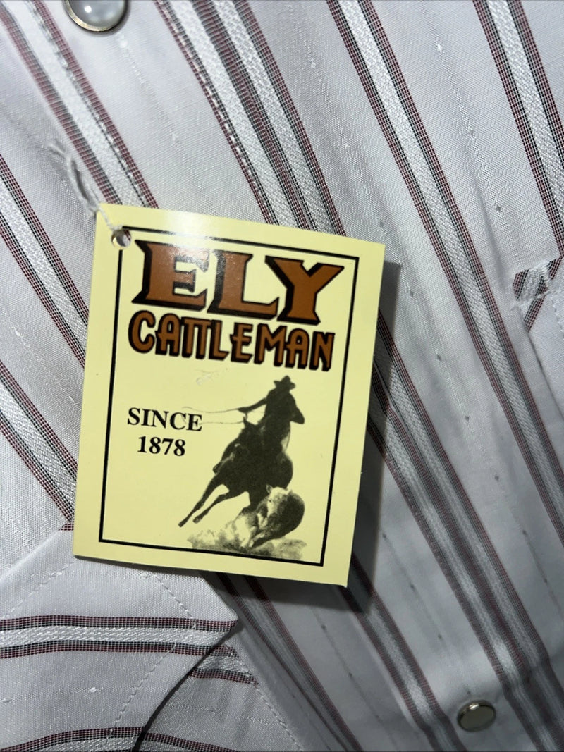 New Men’s Pink Stripped ELY Cattleman Short Sleeve Pearl Snap Shirt. 14.5 S P-69