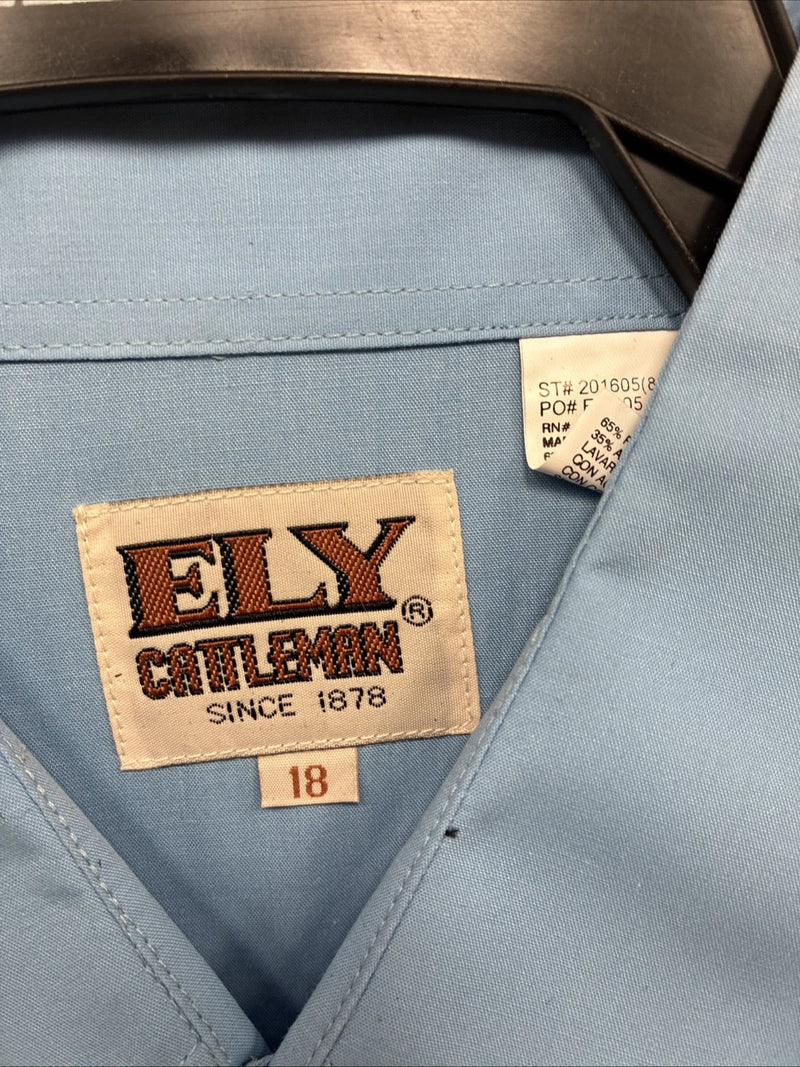 New Men’s ELY Cattleman Blue Short Sleeve Simple Pearl Snap 18 2XL F-81