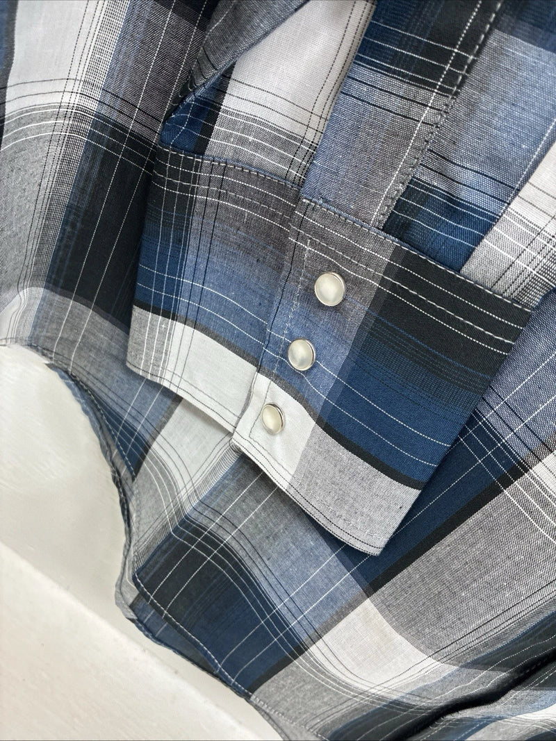 New Men’s ELY Cattleman Blue Grey Plaid Long Sleeve Pearl Snap Large AA-19