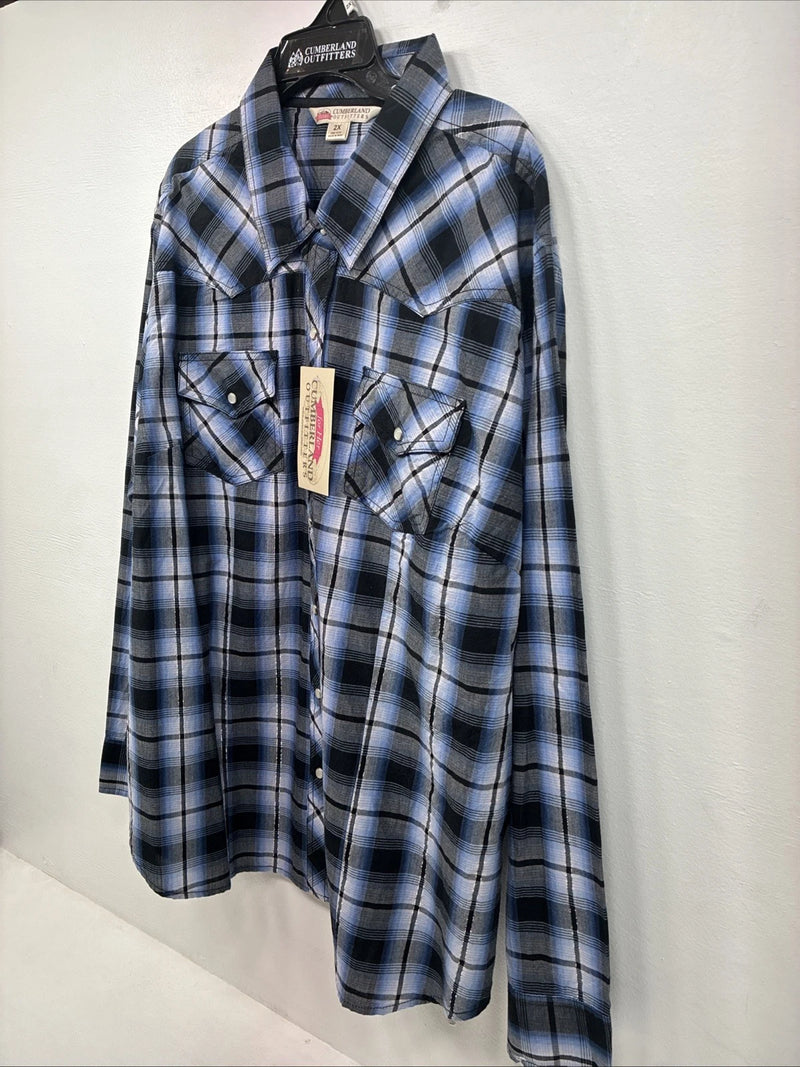 New Women’s Cumberland Blue Black Plaid Long Sleeve Pearl Snap 2XL GG-36
