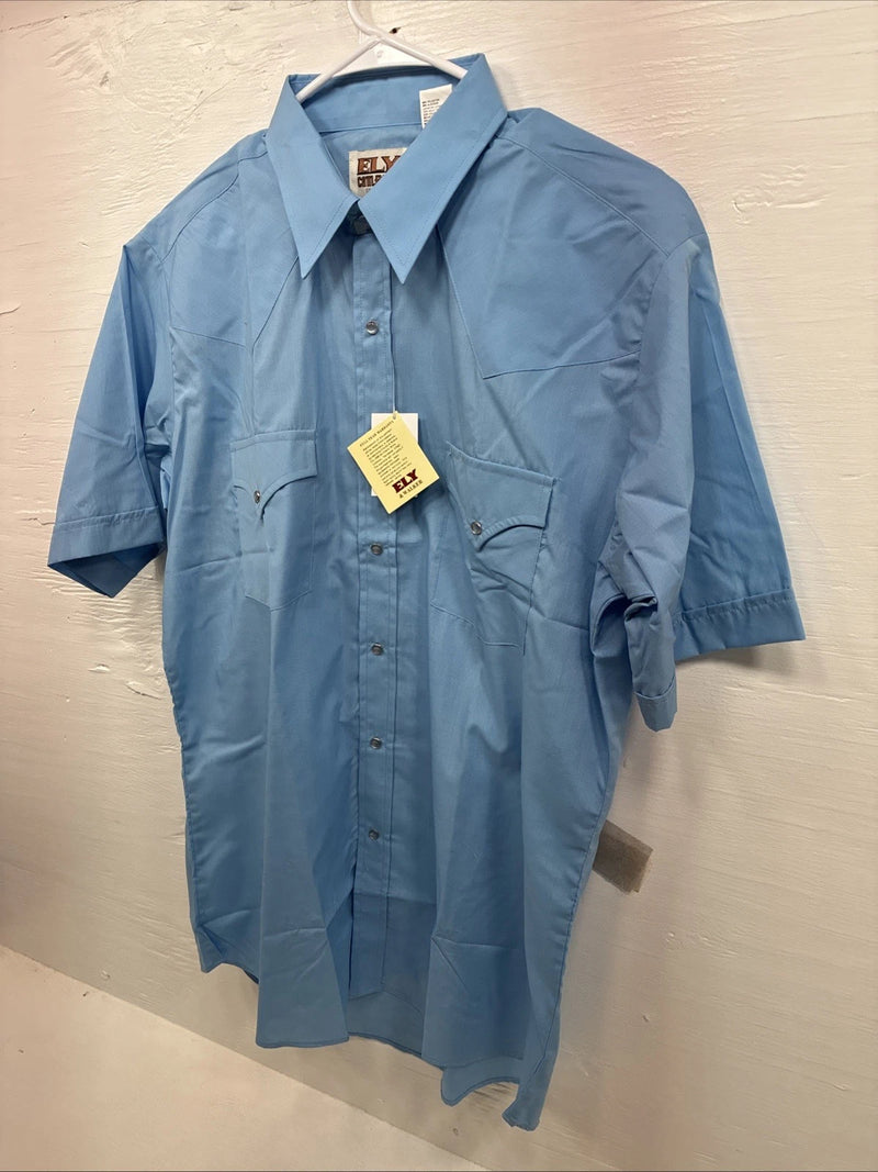 New Men’s ELY Cattleman Blue Short Sleeve Pearl Snap 16 Large AA-107