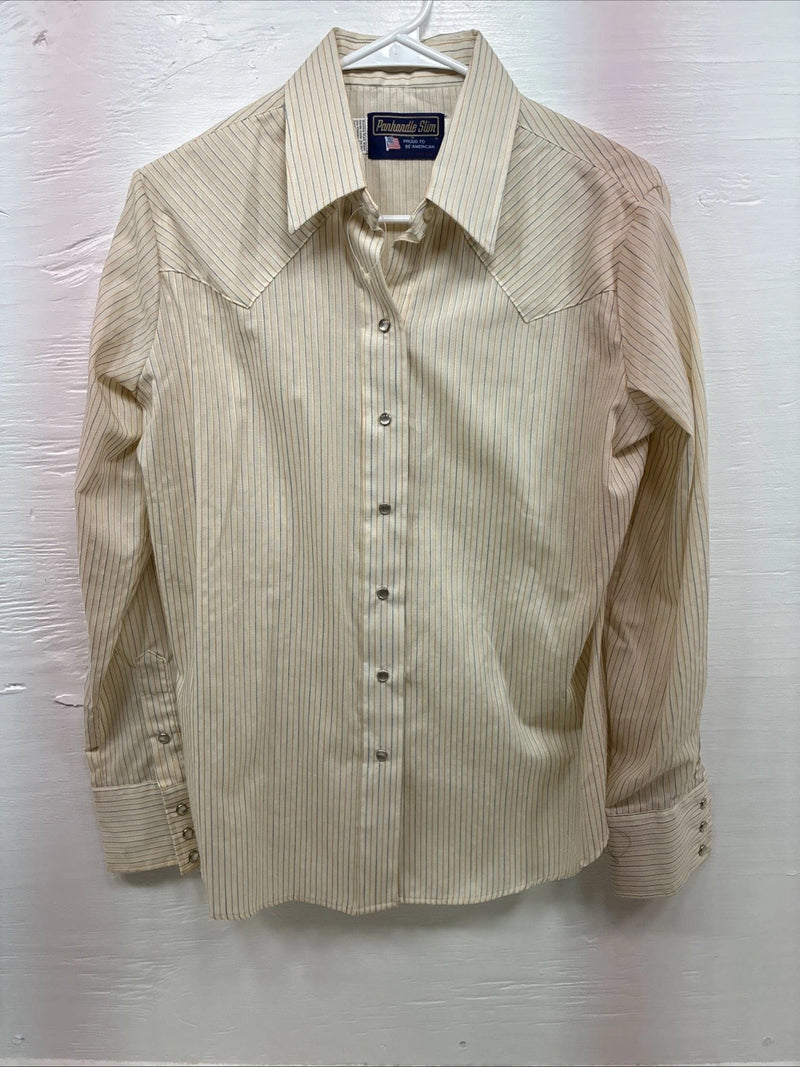 New Women’s Panhandle Slim Tan Stripe Long Sleeve Pearl Snap 16 XL DD-13 
