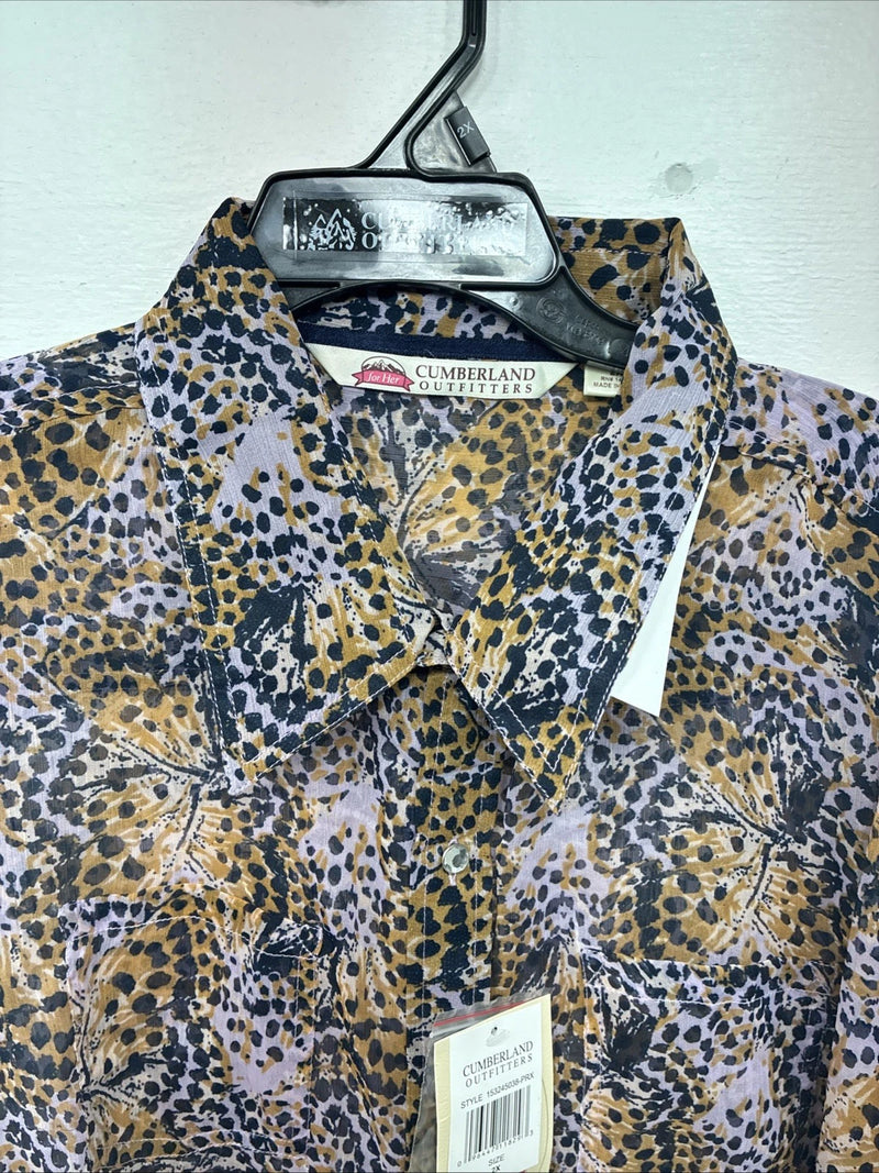 New Women’s Cumberland Purple Yellow Print Long Sleeve Pearl Snap 2XL GG-40