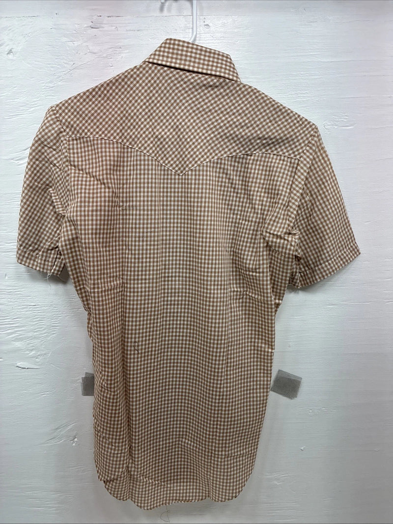 New Mems Western Shirt Brown Checkered Short Sleeve Pearl Snap Small AA-103