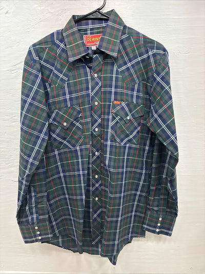New Men’s ELY Plains Green Blue Plaid long Sleeve Pearl Snap 15.5 Medium T-67