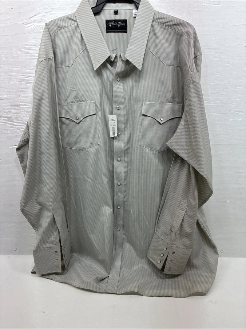 New Men’s White Horse Gray Strip Long Sleeve Pearl Snap 3XL E-61