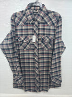 New Men’s White Horse Brown Blue Plaid Long Sleeve Pearl Snap Large V-102