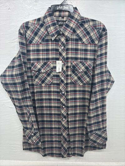 New Men’s White Horse Brown Blue Plaid Long Sleeve Pearl Snap Large V-102