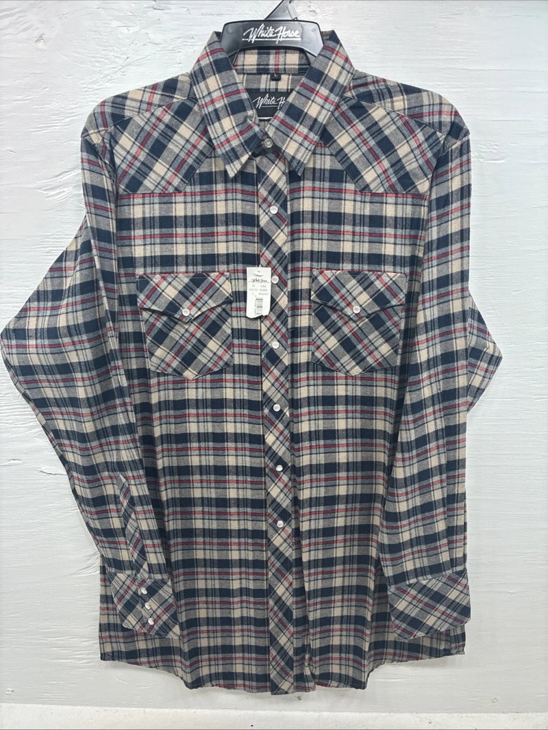 New Men’s White Horse Brown Blue Plaid Long Sleeve Pearl Snap Large V-102
