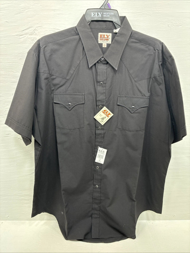 New Men’s ELY Cattleman Black Short Sleeve Pearl Snap 18.5 2XL F-76