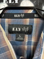 New Men’s ELY 1878 Blue Brown Plaid Long Sleeve Pearl Snap Large Q-32