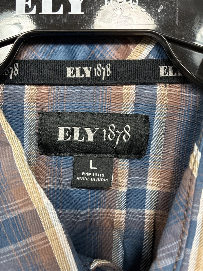 New Men’s ELY 1878 Blue Brown Plaid Long Sleeve Pearl Snap Large Q-32
