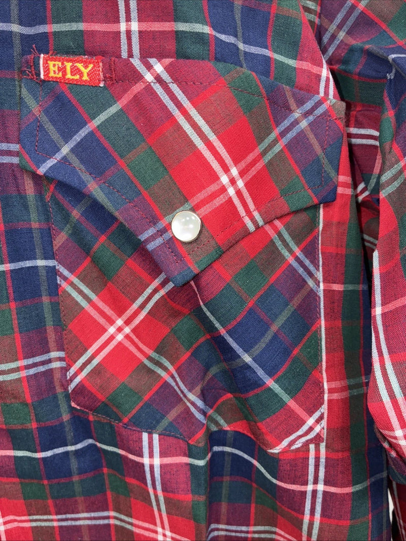 New Men’s ELY Plains Red Plaid Long Sleeve Pearl Snap 14.5 X 33 Small AA-92