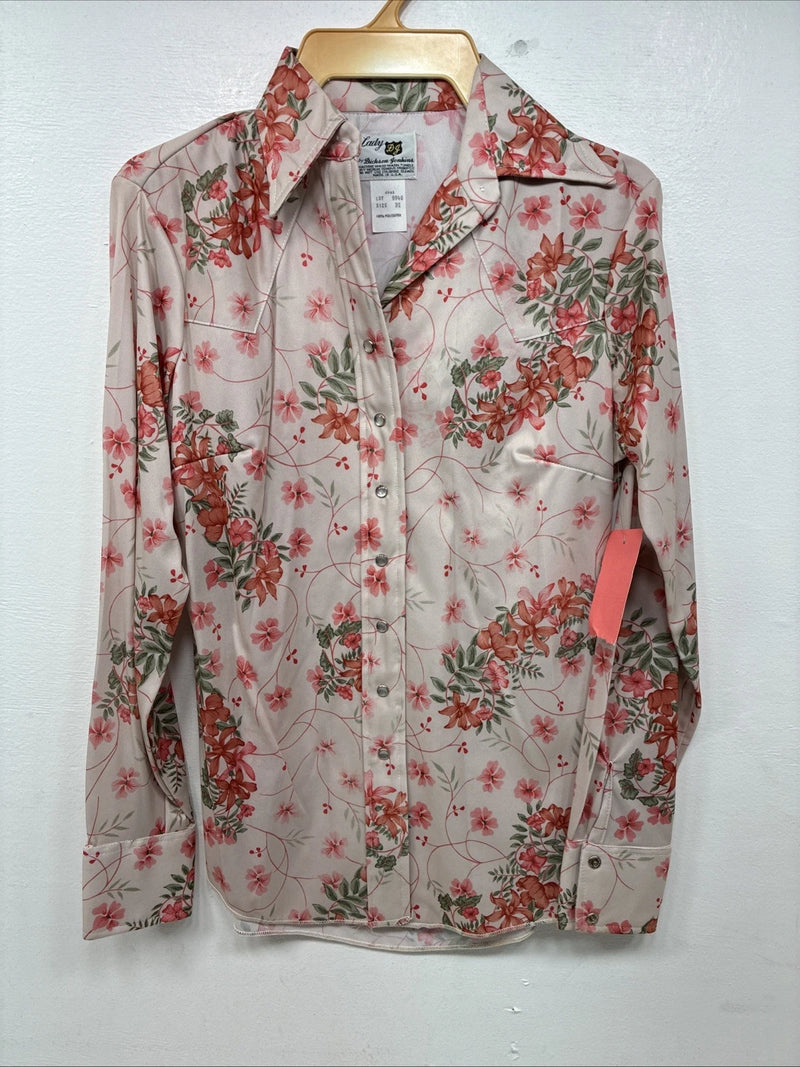 New Women’s Dickson Jenkins Pink Floral Long Sleeve Pearl Snap Size 32 MM-56