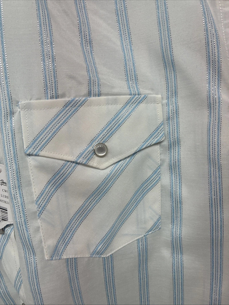 New Women’s White Horse White Blue Stripe Long Sleeve Pearl Snap Large GG-72