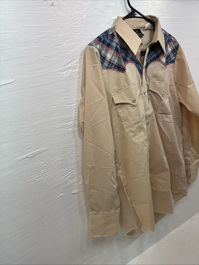 New Men’s Champion Western Tan Plaid Long Sleeve Pearl Snap 15 Medium X-31