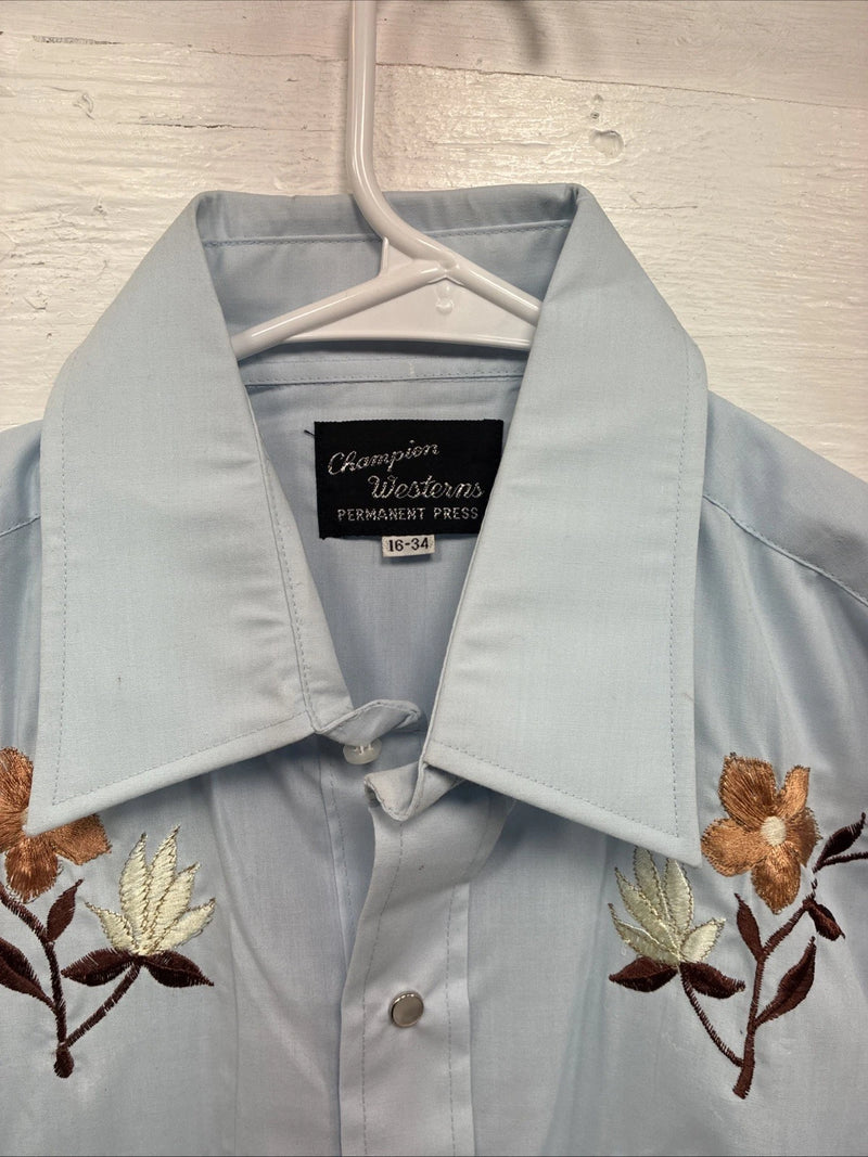 New Men’s Champion Western Blue Floral Long Sleeve Pearl Snap 16 X 34 Large