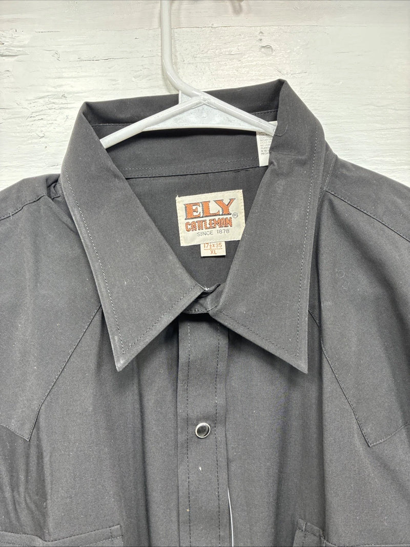 New Men’s ELY Cattleman Black Simple Long Sleeve Pearl Snap 17.5 X 35 XL J-29