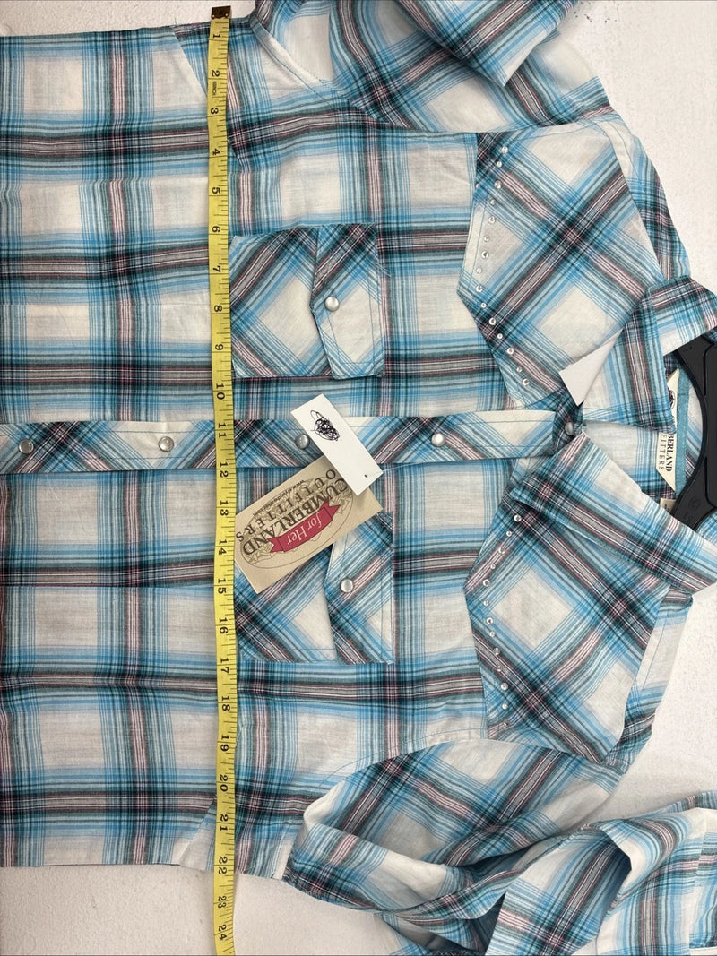 New Women’s Cumberland Blue Plaid Long Sleeve Pearl Snap XL  GG-79