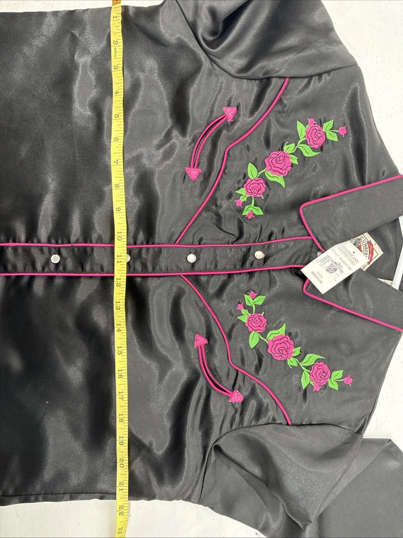 New Women’s Cumberland Black Rose Long Sleeve Pearl Snap Medium LL-86