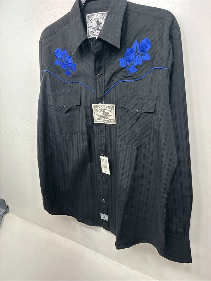 New Women’s ELY 1878 Black Blue Design Long Sleeve Pearl Snap Large LL-30