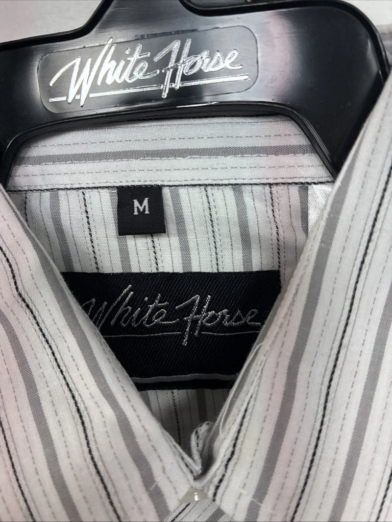 New Boys White Horse Gray Stripe Long Sleeve Pearl Snap Medium DD-118