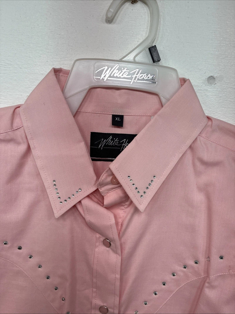 New Women’s White Horse Pink Gem Long Sleeve Pearl Snap XL II-2