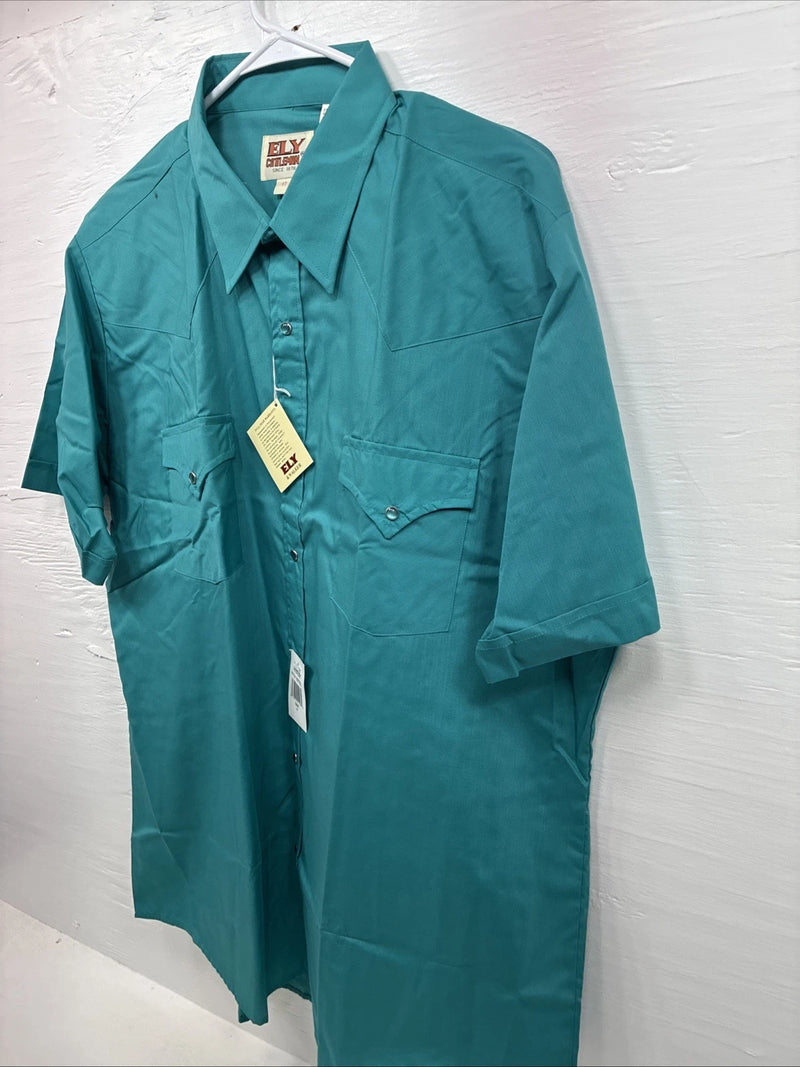 New Men’s ELY Cattleman Teal Short Sleeve Pearl Snap 17 XL M-41