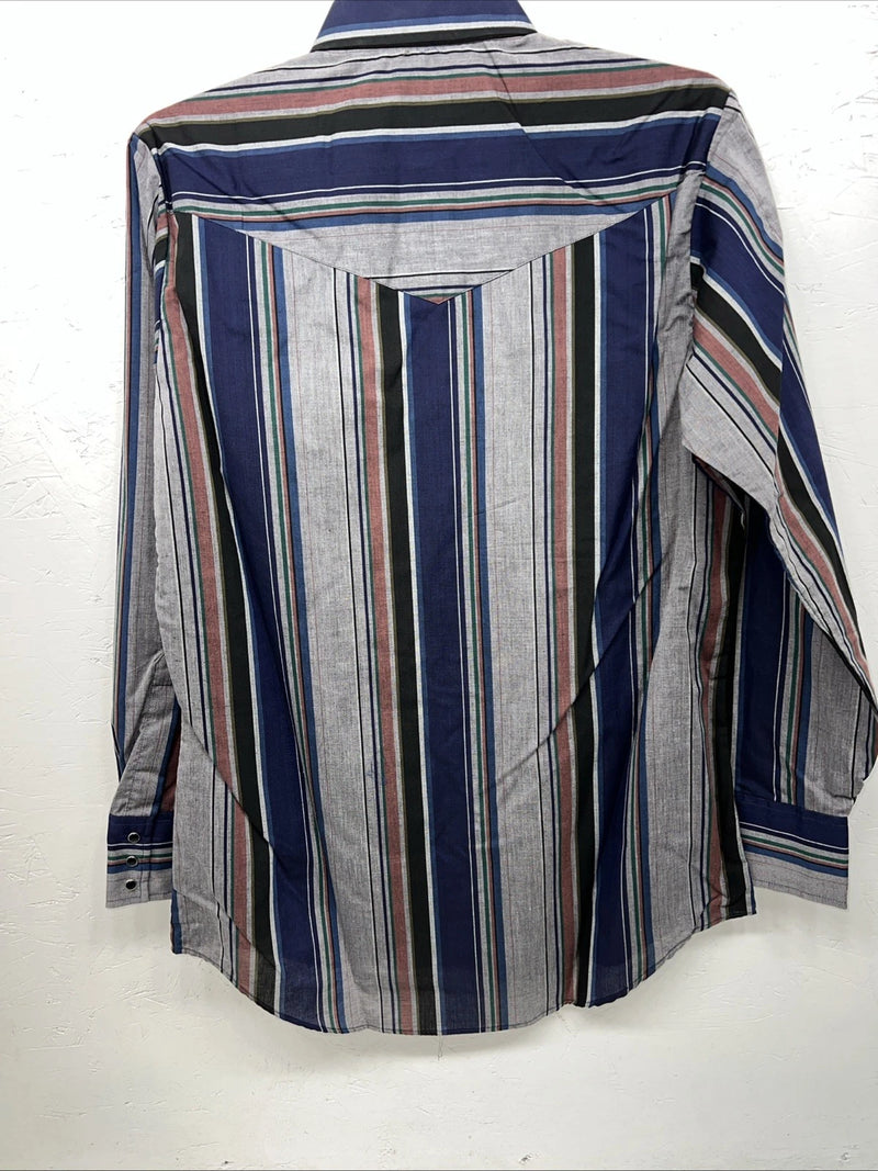 New Mens Navy Stripped ELY cattleman Pearl Snap Long Sleeve Shirt 15.5x34 M I-29