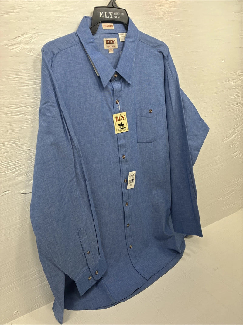 New Men’s ELY cattleman Blue Long Sleeve Button Up 20.5 X 36 4XL F-55