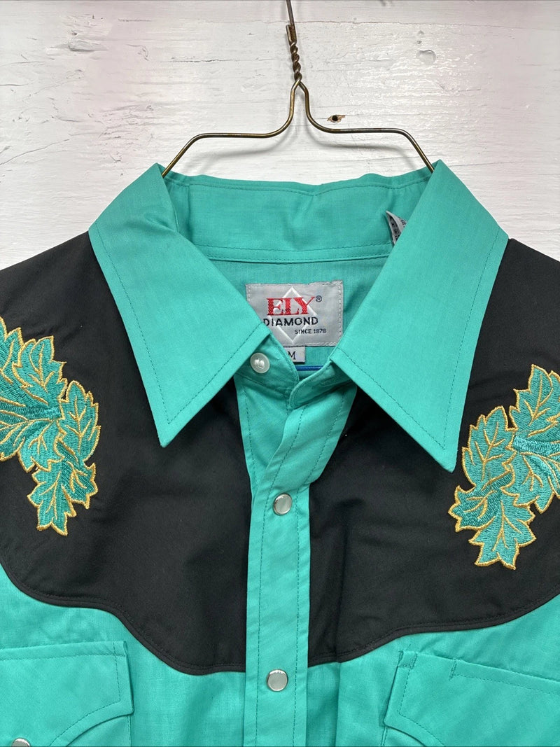 New Men’s ELY Diamond Teal Black Embroidered Long Sleeve Pearl Snap Medium K-32