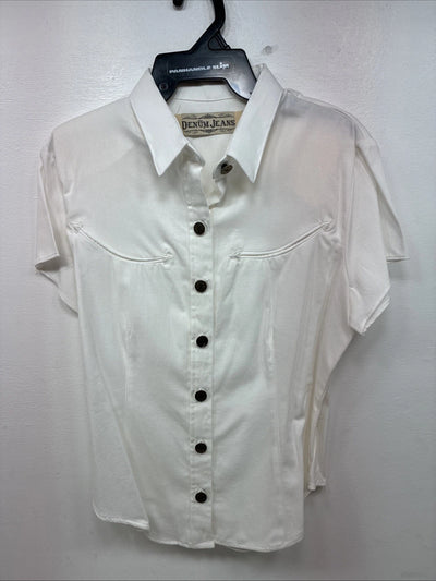 New Women’s Denim Jeans White Short Sleeve Button Up Large MM-136