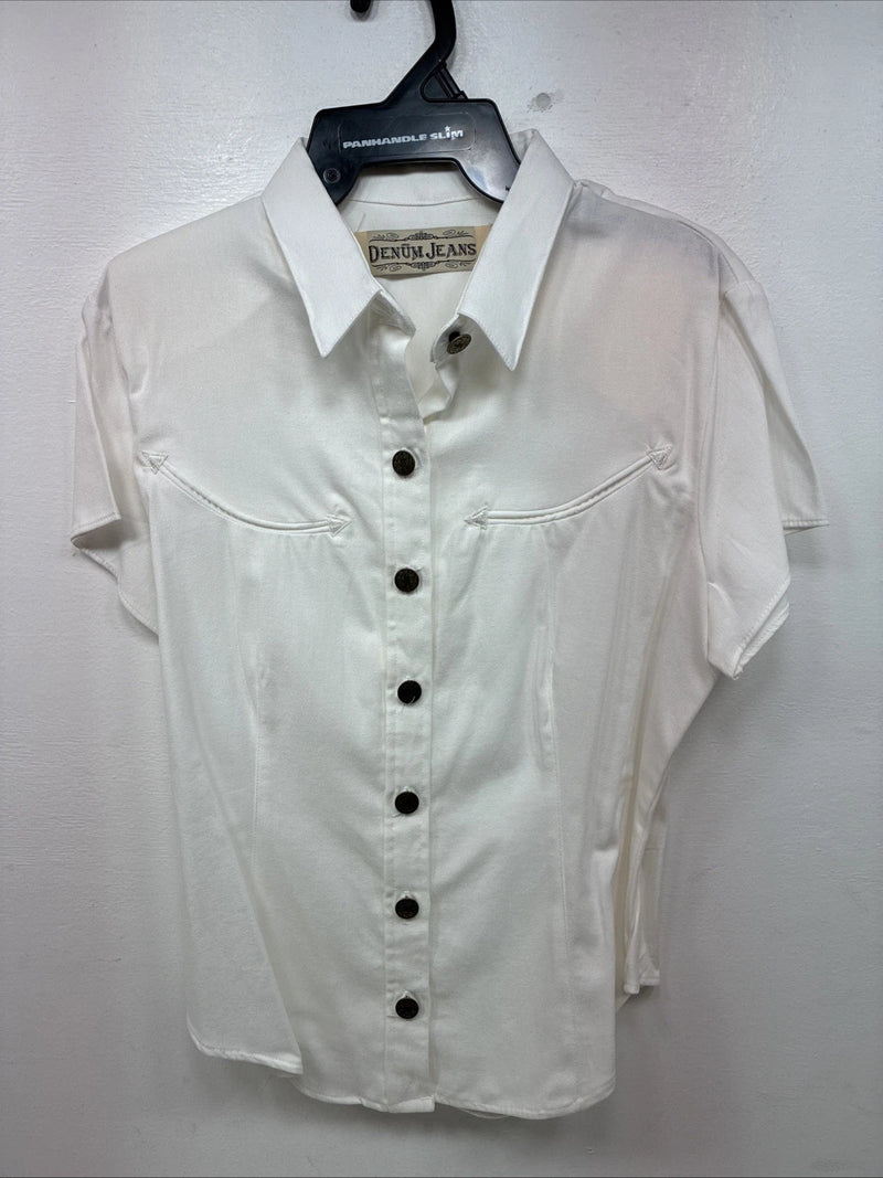 New Women’s Denim Jeans White Short Sleeve Button Up Large MM-136