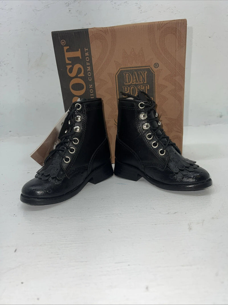 New Infant Dan Post Black Ostrich Print Lace Up Cowboy Boots. 5 D . 24-3