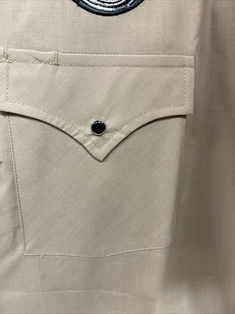 New Men’s ELY Cattleman Tan Horse Design Short Sleeve Pearl Snap Large AA-28