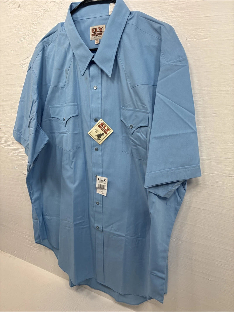 New Men’s ELY Cattleman Blue Western Short Sleeve Pearl Snap 18.5 2XL T-48