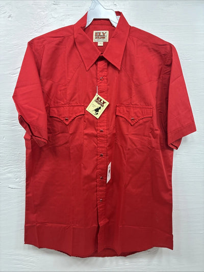 New Men’s ELY Cattleman Red Western Short Sleeve Pearl Snap 16 Large T-57